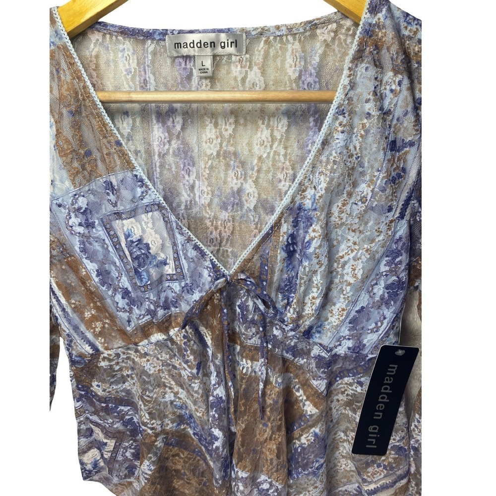 Madden Girl Blue Floral Lace Sheer V-Neck Tie Front Handkerchief Hem Top L NWT - Picture 5 of 11